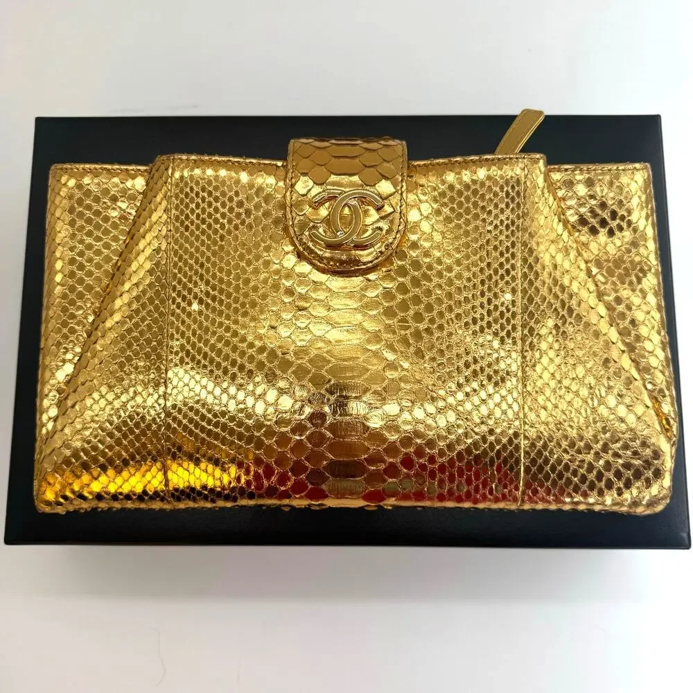 Chanel‎ Gold Metallic Python Clutch Series 19 2014 Full Set Glam